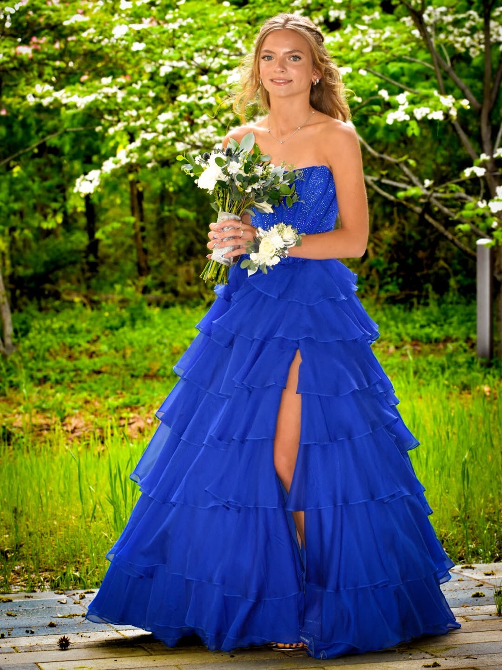 Strapless Tiered Ruffle Prom in Royal Blue